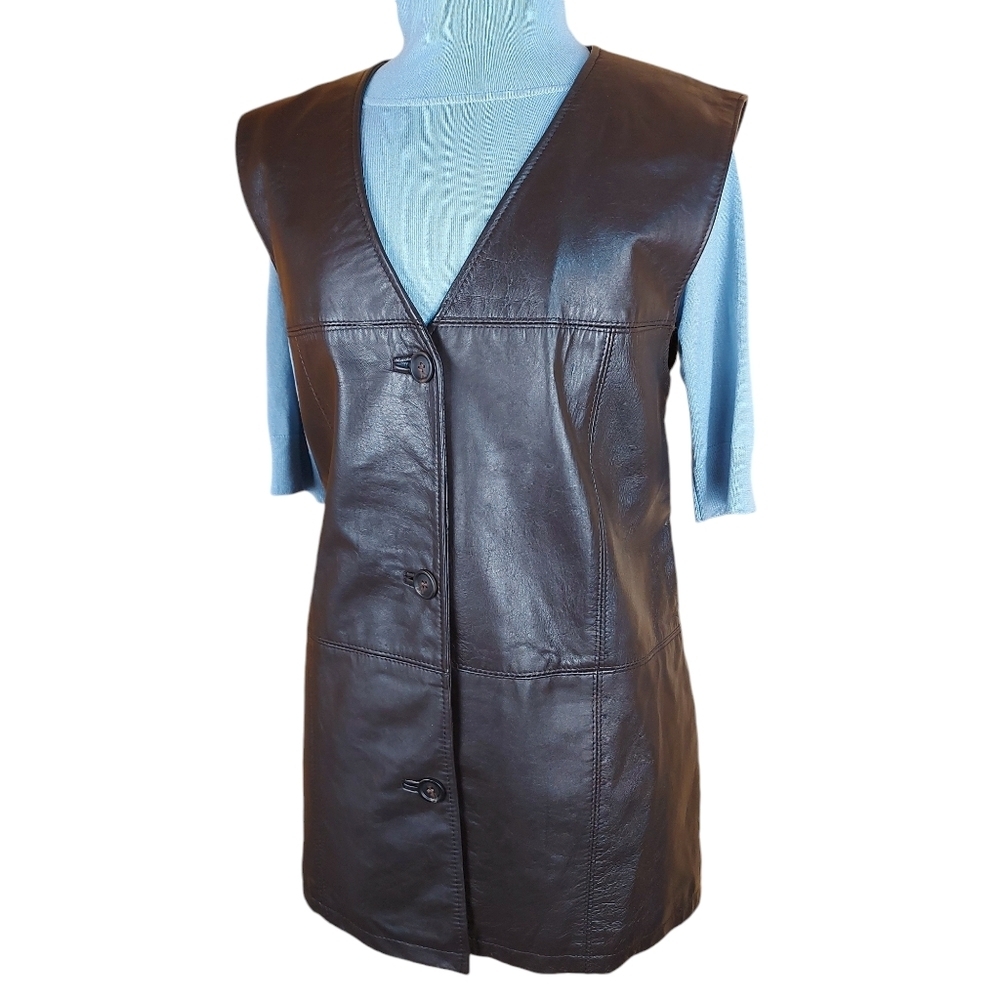 Vintage brown leather classic mid length sleeveless vest tunic Size 18 (XL)